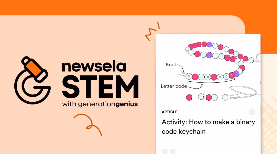 Newsela STEM with Generation Genius article card titled "Activity: How to make a binary code keychain," showing a diagram of pink and purple beads.