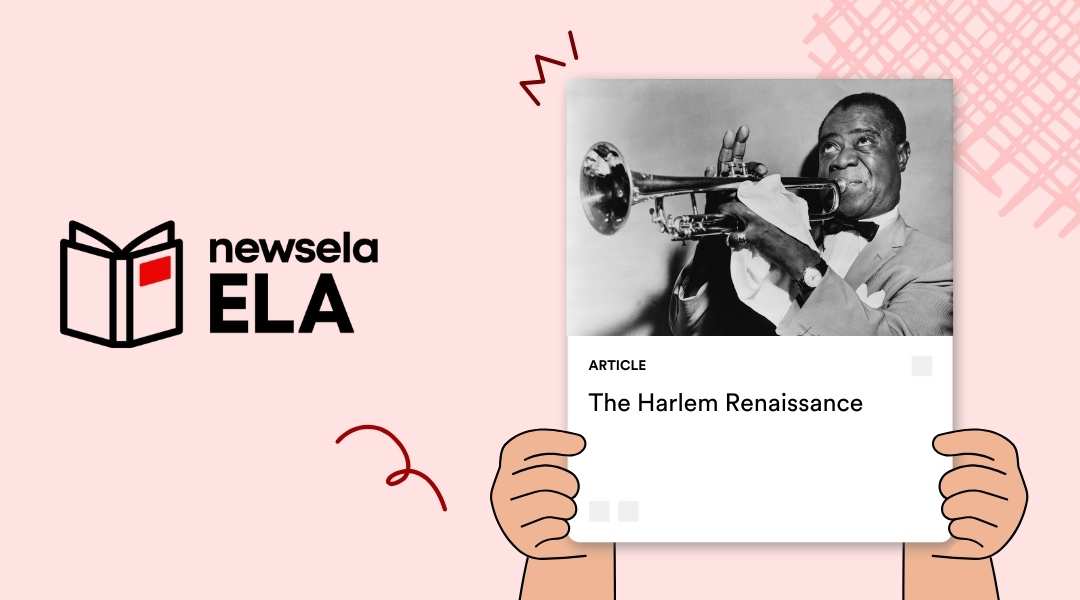 Newsela ELA article about the Harlem Renaissance featuring a classic black-and-white photo of Louis Armstrong playing the trumpet. This resource connects music history with ELA literacy for middle and high school students.
