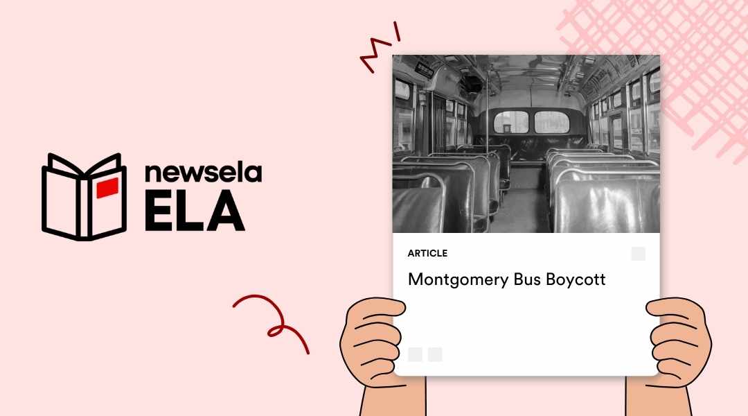 Newsela ELA article featuring the Montgomery Bus Boycott. The image shows the interior of a historic segregated bus with empty rows of seats, illustrating a pivotal moment in the Civil Rights Movement for social studies and English curriculum.