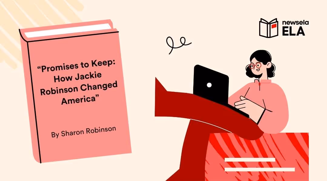 Book cover graphic for "Promises to Keep" by Sharon Robinson. Newsela ELA Black History Month resource featuring a pink book illustration and a student working at a computer.