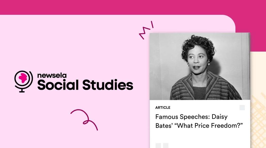 A Newsela Social Studies article graphic featuring a black-and-white portrait of civil rights activist Daisy Bates. The headline is titled "Famous Speeches: Daisy Bates’ ‘What Price Freedom?’"