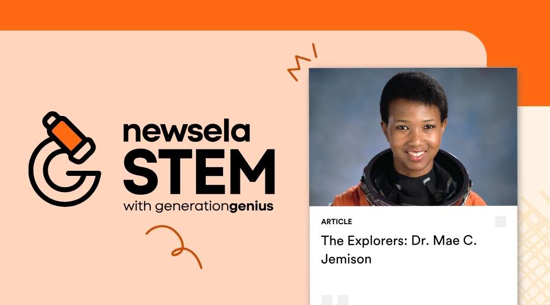 Newsela STEM article titled "The Explorers: Dr. Mae C. Jemison" featuring a portrait of the first African American woman in space wearing her orange NASA flight suit.