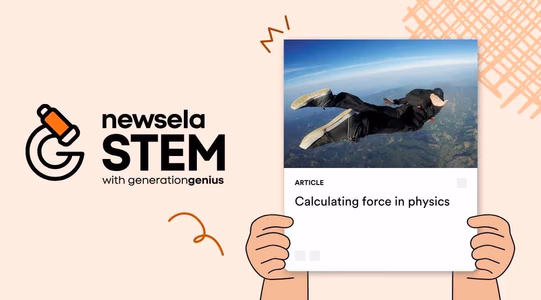 A Newsela STEM article card titled "Calculating force in physics." The thumbnail image shows a skydiver in a horizontal freefall position high above the ground.