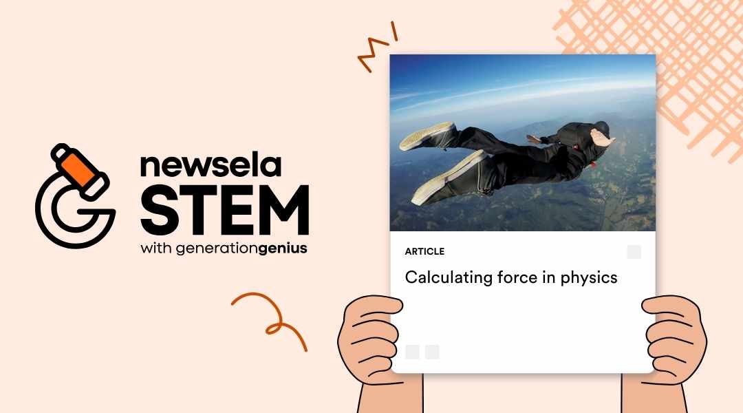 A Newsela STEM article card titled "Calculating force in physics." The thumbnail image shows a skydiver in a horizontal freefall position high above the ground.