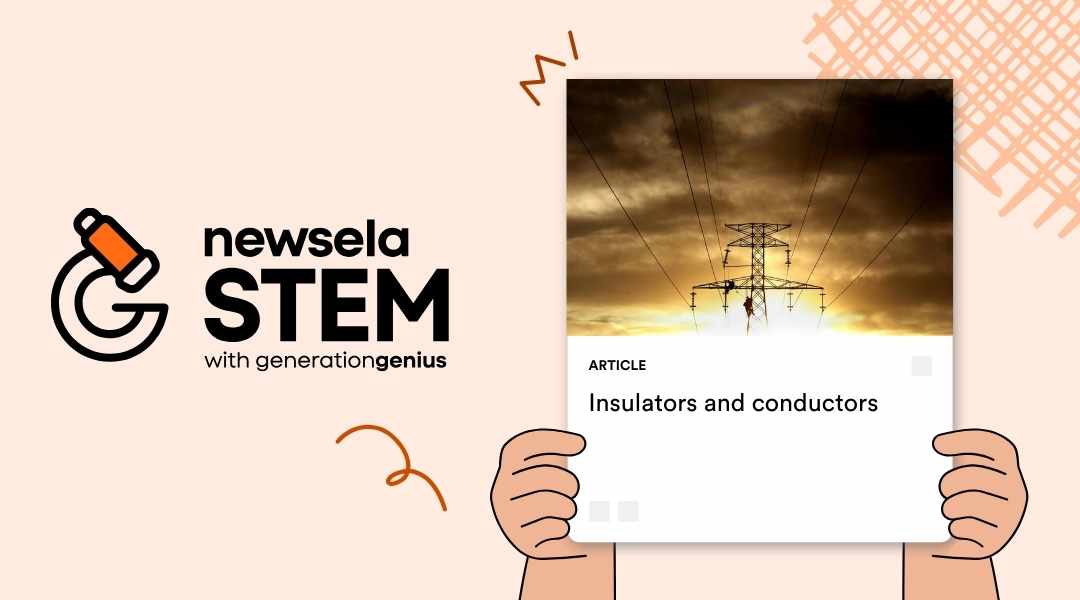 A Newsela STEM article card titled "Insulators and conductors." The thumbnail image shows a high-voltage electrical pylon and power lines silhouetted against a dark, cloudy sky at sunset.