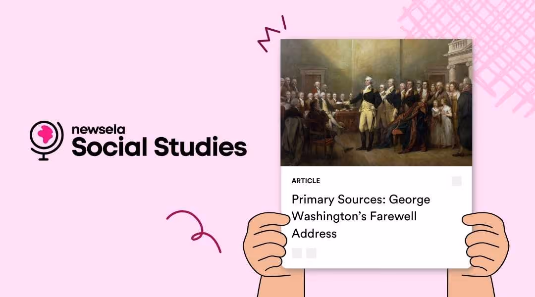 Newsela Social Studies primary source article featuring a painting of George Washington resigning his commission.