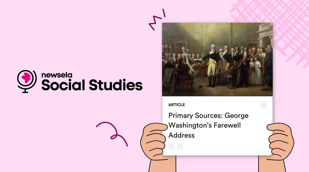 Newsela Social Studies primary source article featuring a painting of George Washington resigning his commission.