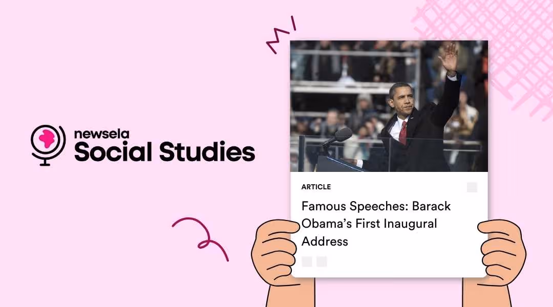 Newsela Social Studies article featuring Barack Obama waving at his first presidential inauguration.
