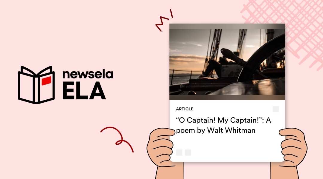 Newsela ELA article featuring Walt Whitman's poem "O Captain! My Captain!" with an image of a ship's deck at sunset.