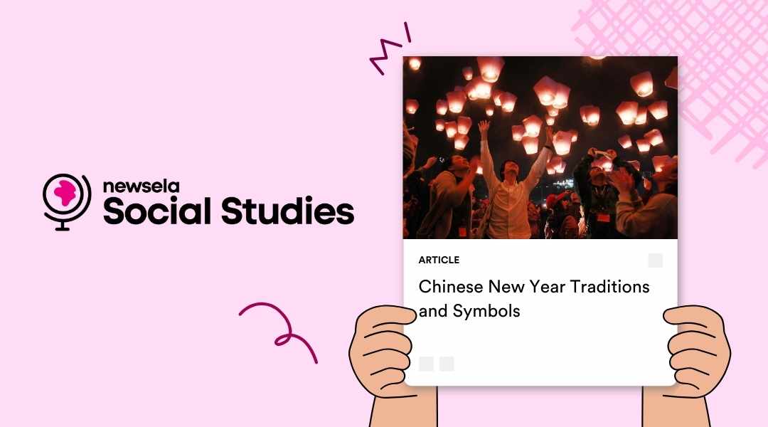 A Newsela Social Studies article titled 'Chinese New Year Traditions and Symbols.' The featured image shows a crowd of people releasing glowing sky lanterns into the night sky during a festival celebration.