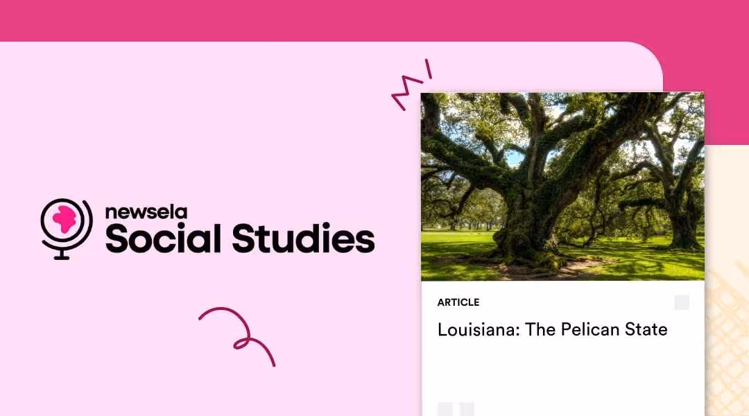 Newsela Social Studies article titled "Louisiana: The Pelican State," featuring a photograph of a large, moss-covered live oak tree with sprawling branches in a green field.