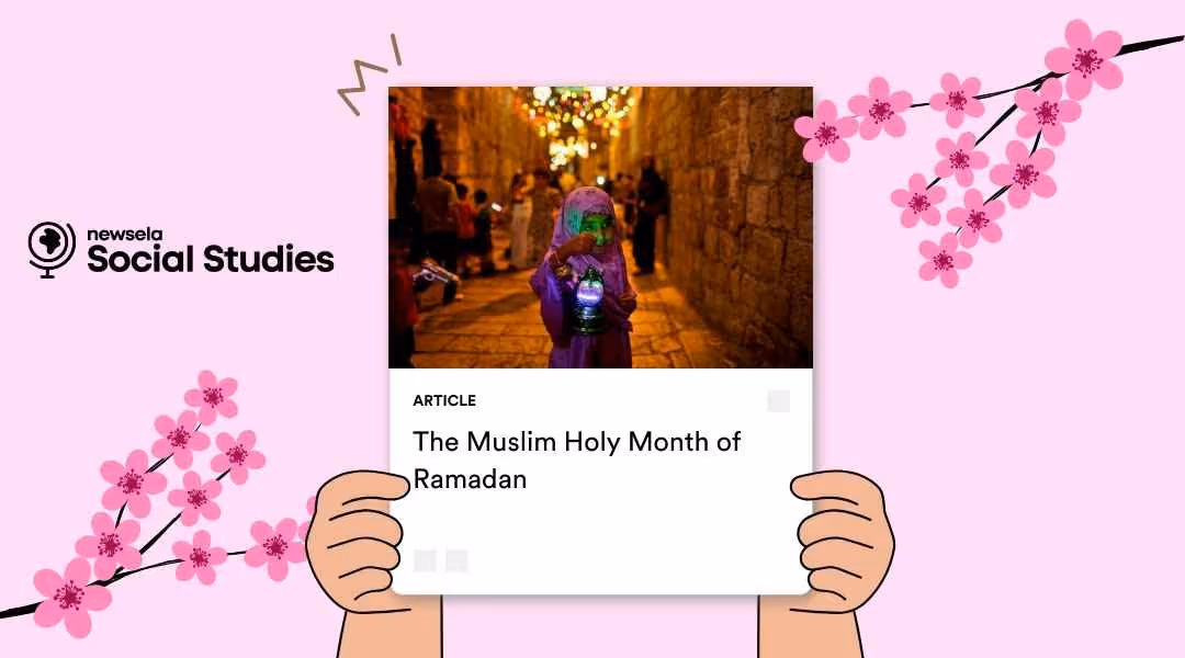 A Newsela Social Studies article titled "The Muslim Holy Month of Ramadan." The cover image shows a young girl in a purple hijab holding a glowing traditional lantern (fanous) in a lit alleyway at night, framed by pink cherry blossom illustrations.