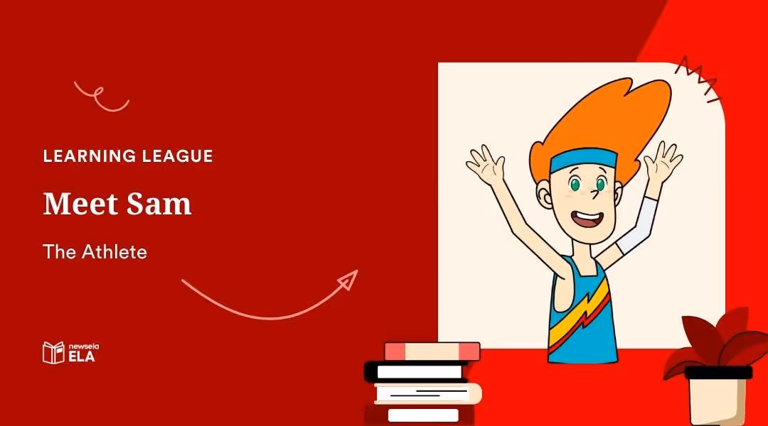Educational graphic titled Meet Sam, The Athlete. A cartoon character with orange hair, a blue headband, and a blue athletic tank top with a lightning bolt.