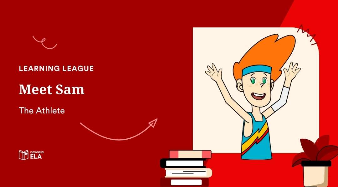 Educational graphic titled Meet Sam, The Athlete. A cartoon character with orange hair, a blue headband, and a blue athletic tank top with a lightning bolt.