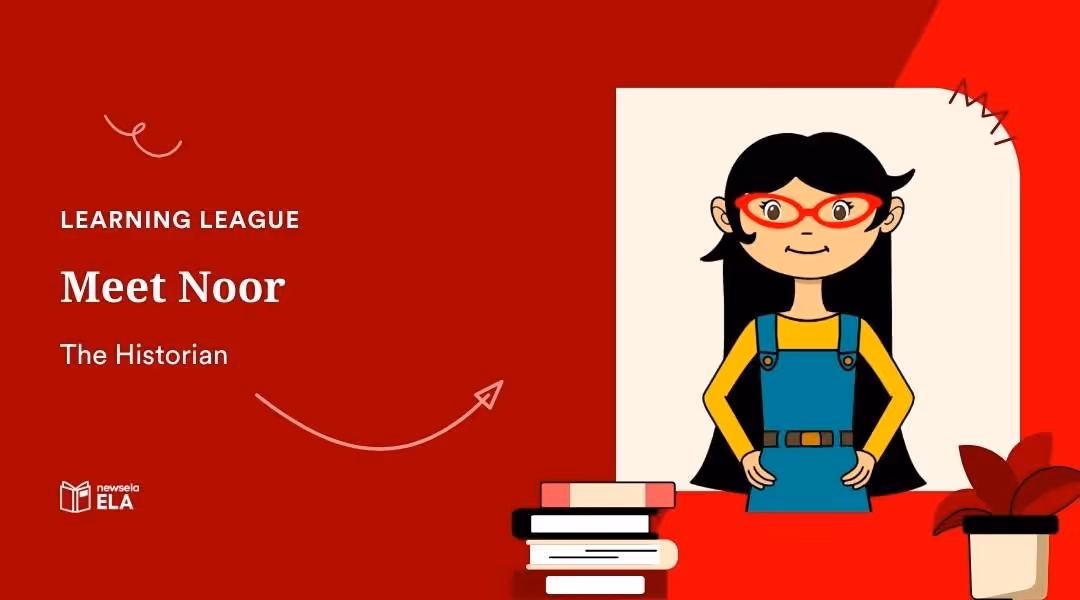 Educational graphic titled Meet Noor, The Historian. A cartoon girl with long dark hair, red glasses, and blue overalls.