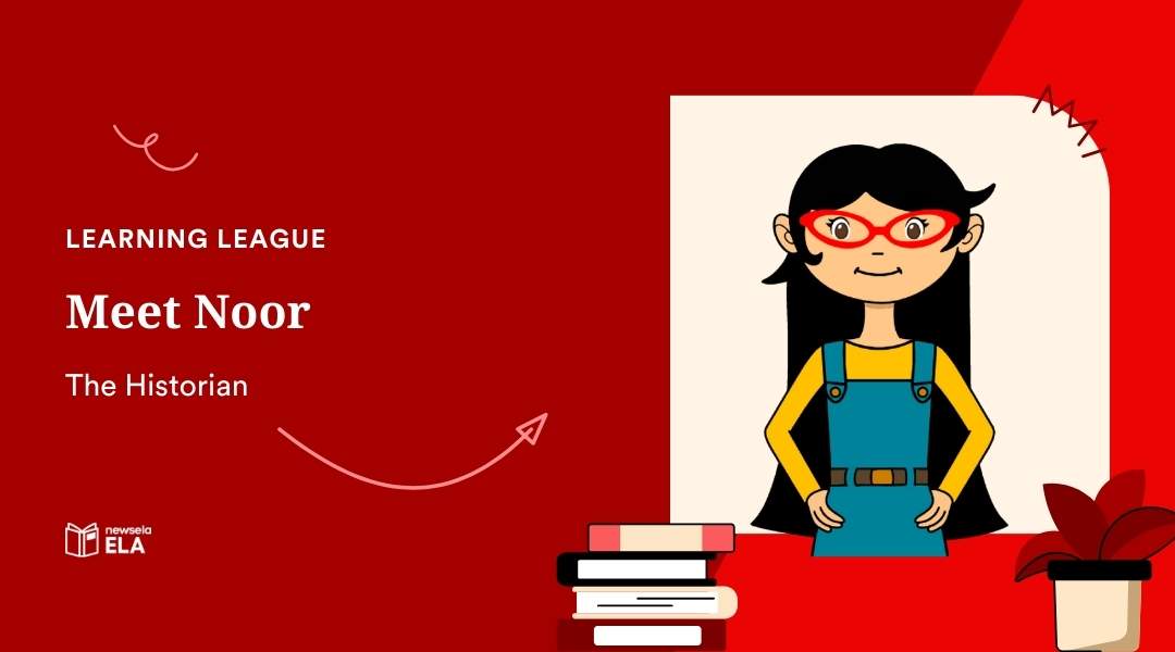 Educational graphic titled Meet Noor, The Historian. A cartoon girl with long dark hair, red glasses, and blue overalls.