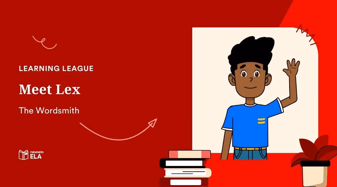 Educational graphic titled Meet Lex, The Wordsmith. A cartoon boy with dark curly hair wearing a blue t-shirt and waving.
