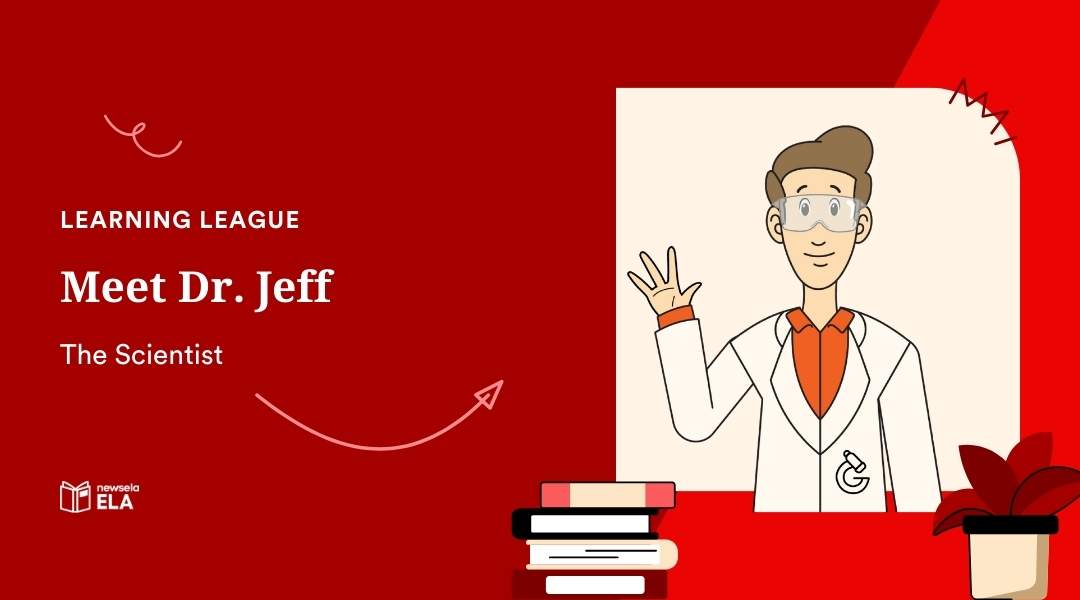 Educational graphic titled Meet Dr. Jeff, The Scientist. A man in a white lab coat and safety goggles waving his hand.