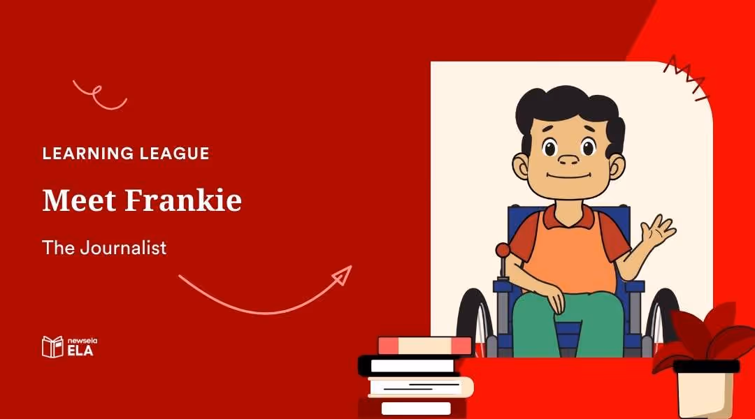 Educational graphic titled Meet Frankie, The Journalist. A cartoon boy sitting in a power wheelchair waving hello.