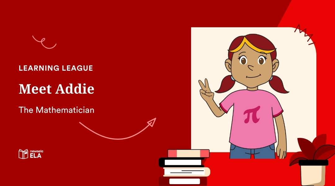 Educational graphic titled Meet Addie, The Mathematician. A cartoon girl with pigtails wearing a pink shirt with a Pi symbol, making a peace sign.