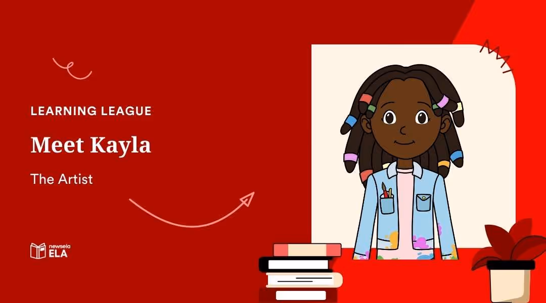 Educational graphic titled Meet Kayla, The Artist. A cartoon girl with dark skin and braided hair decorated with colorful beads, wearing a paint-splattered denim jacket with pencils in the pocket.