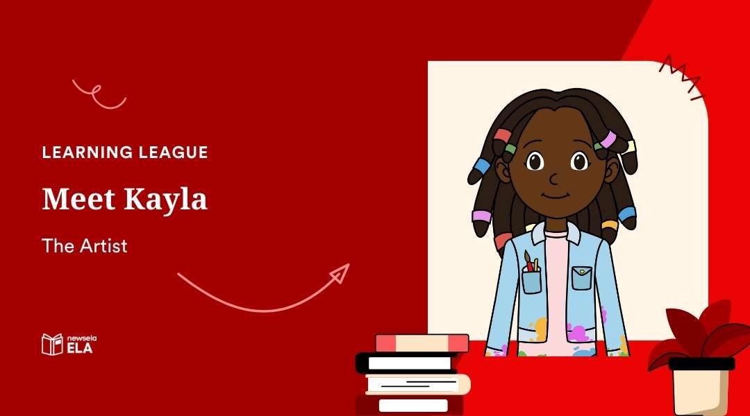 Educational graphic titled Meet Kayla, The Artist. A cartoon girl with dark skin and braided hair decorated with colorful beads, wearing a paint-splattered denim jacket with pencils in the pocket.