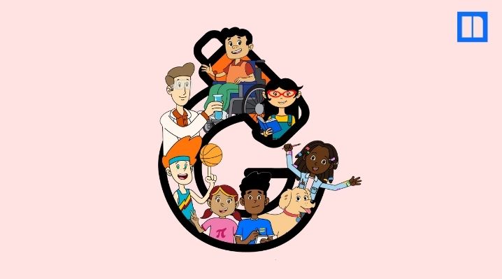Promotional banner for Newsela titled "Meet the Learning League, Your Students' New Learning Buddies". A large lowercase "g" logo is filled with cartoon characters: Dr. Jeff, Frankie, Noor, Kayla, Lex, Addie, Sam, and Pip the dog.