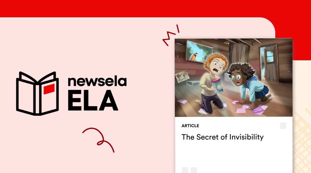 Newsela ELA article titled "The Secret of Invisibility" featuring an illustration of two surprised children looking at a glowing jar.