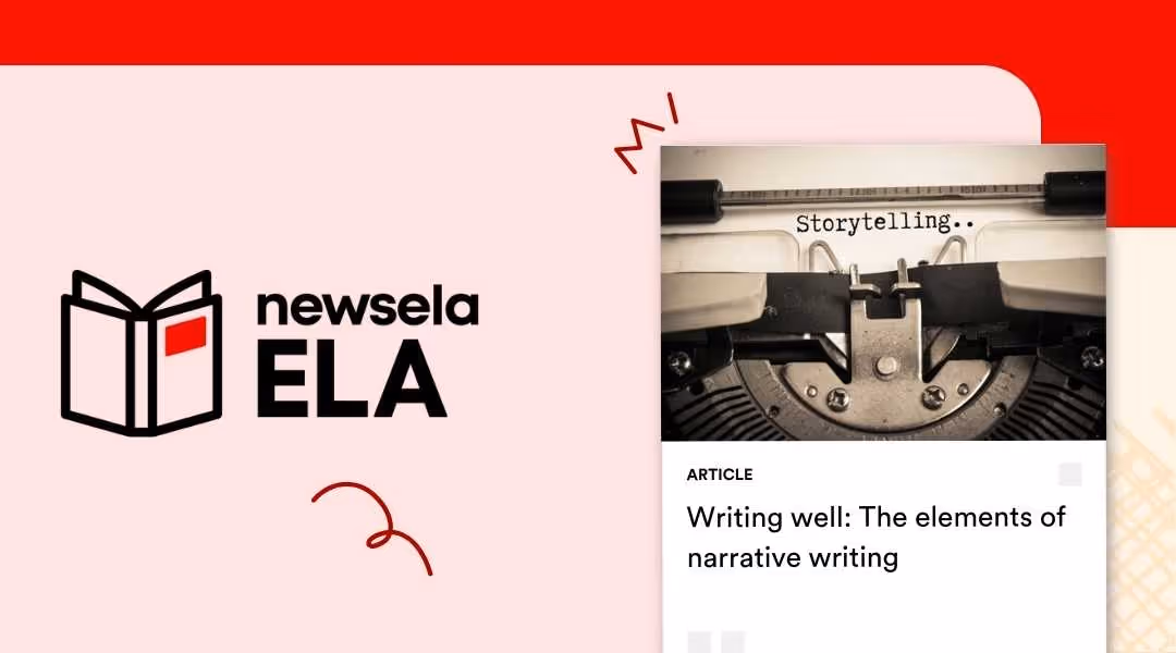 Newsela ELA article banner showing a close-up of a vintage typewriter with the word "Storytelling" typed on paper.