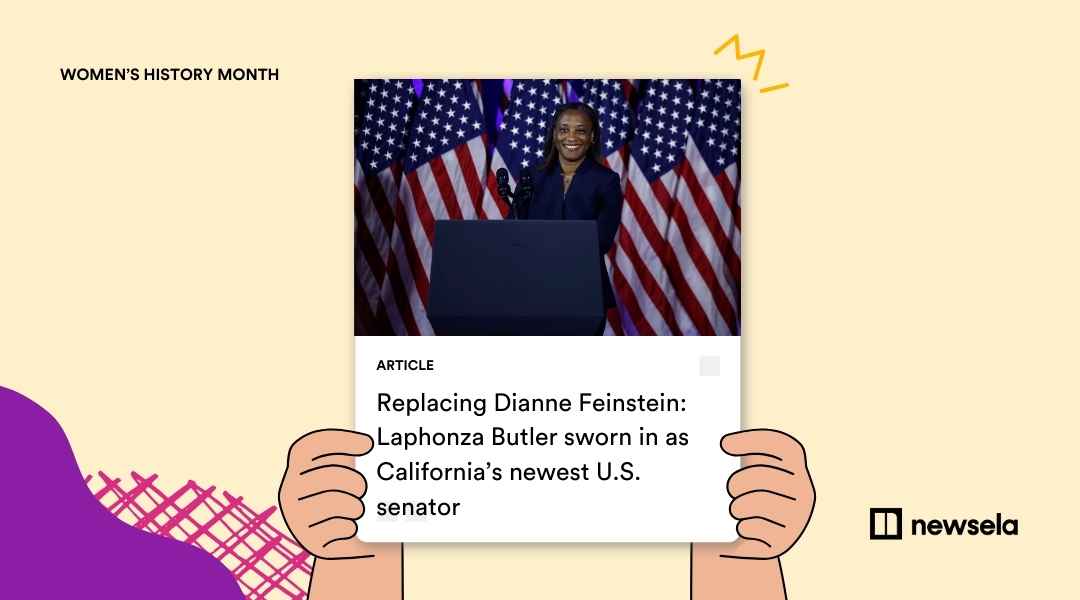 A Newsela article graphic showing Senator Laphonza Butler smiling in front of American flags, titled "Replacing Dianne Feinstein: Laphonza Butler sworn in as California’s newest U.S. senator."