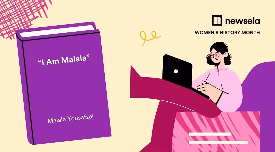 Women's History Month graphic featuring the book "I Am Malala" by Malala Yousafzai, including an illustration of a woman at a computer.