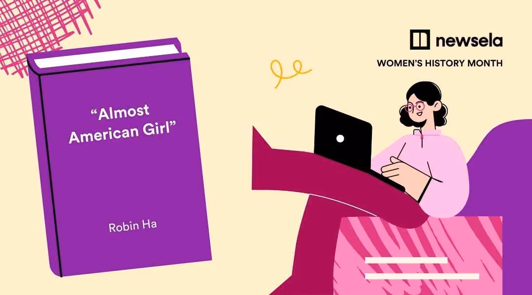 Graphic featuring the graphic novel "Almost American Girl" by Robin Ha for Women's History Month, with a stylized illustration of a student studying.