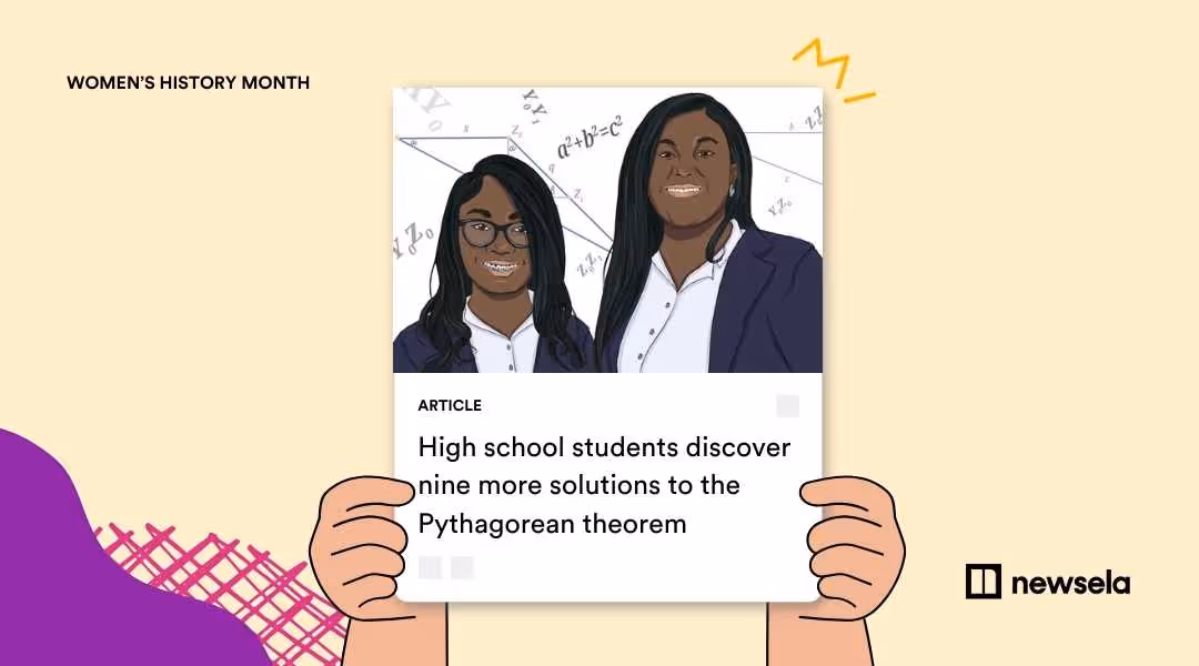 Illustration of two high school students, Calcea Johnson and Ne’Kiya Jackson, in front of mathematical diagrams for an article about their new solutions to the Pythagorean theorem.