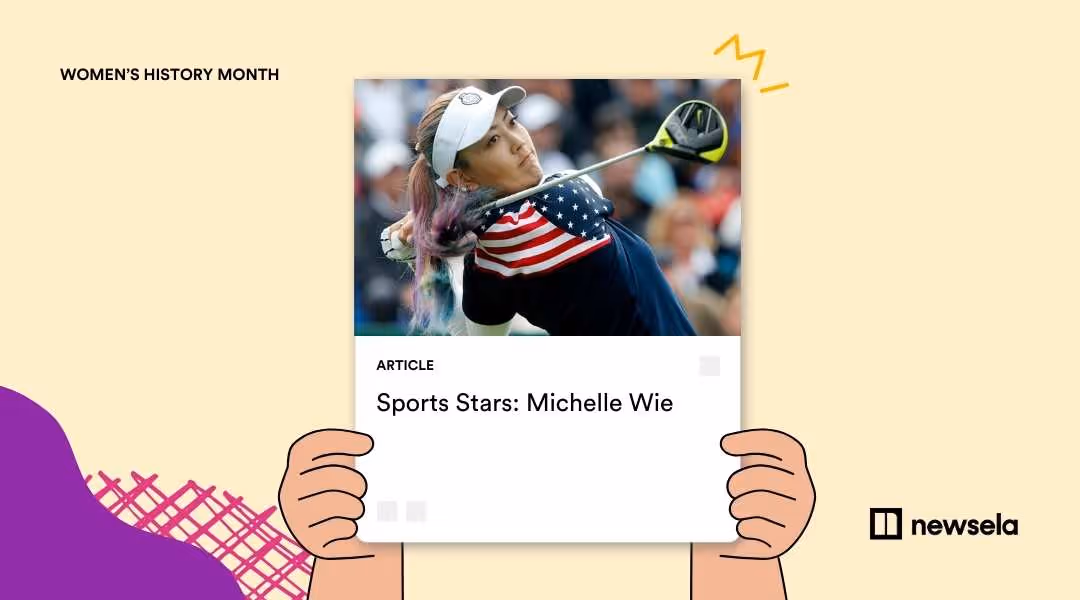 Newsela article titled "Sports Stars: Michelle Wie" for Women's History Month, featuring a photo of professional golfer Michelle Wie West in a Team USA uniform swinging a golf club.