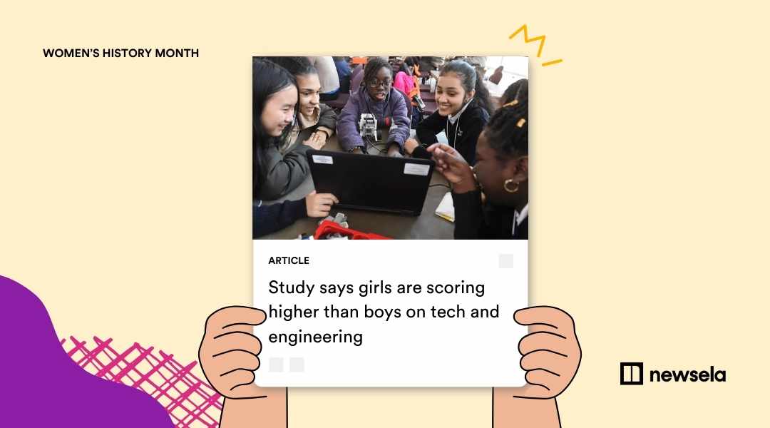 A Newsela article headline stating "Study says girls are scoring higher than boys on tech and engineering." The featured photo shows a diverse group of middle-school girls collaborating and smiling while working on a laptop and robotics project in a classroom setting.