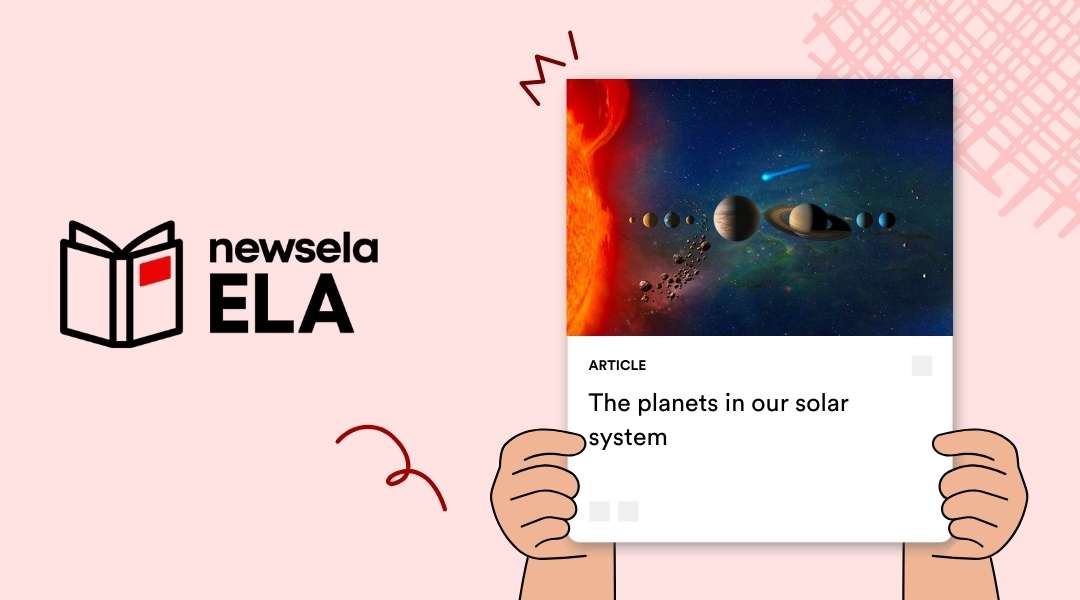 Newsela ELA article titled "The planets in our solar system" featuring an artistic illustration of the eight planets aligned in space near the sun.