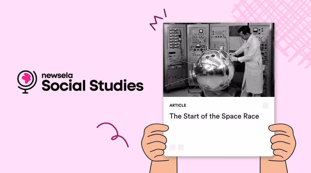 Newsela Social Studies article titled "The Start of the Space Race" featuring a vintage black-and-white photo of a scientist working on a spherical satellite.