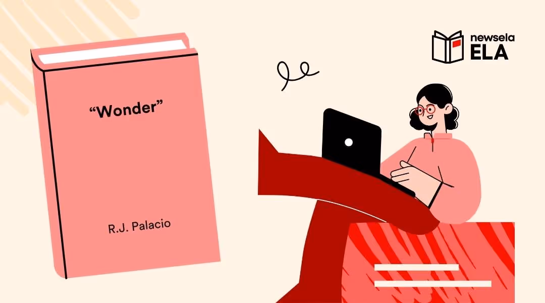 Book study graphic for Wonder by R.J. Palacio, featuring a pink book cover and an illustration of a person studying.