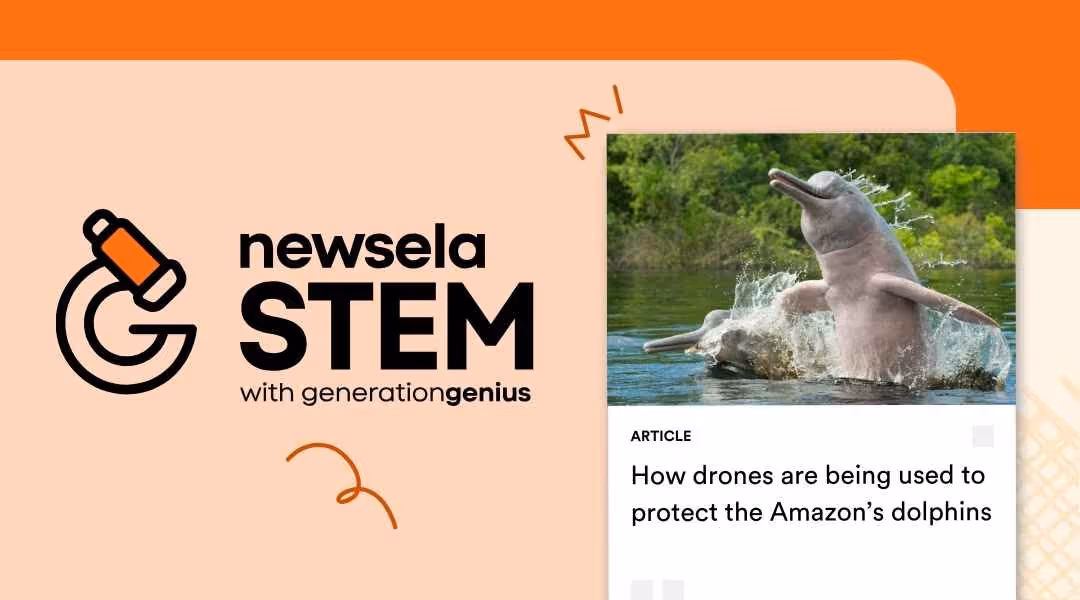Newsela STEM article titled "How drones are being used to protect the Amazon’s dolphins" showing a pink river dolphin jumping out of the water.