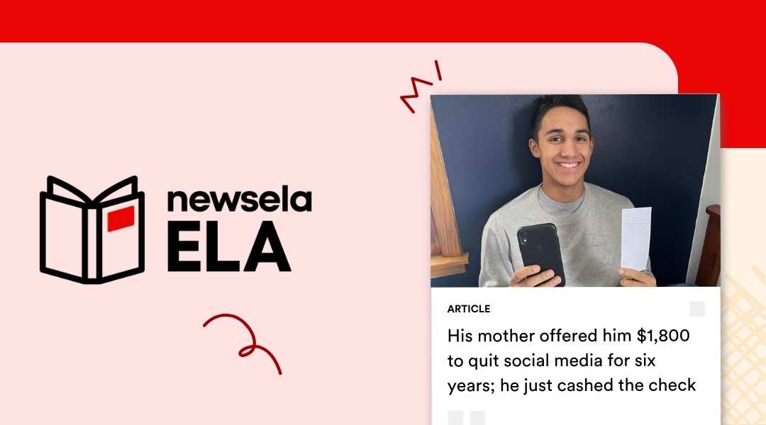 Newsela ELA article showing a smiling young man holding a smartphone in one hand and a check in the other.