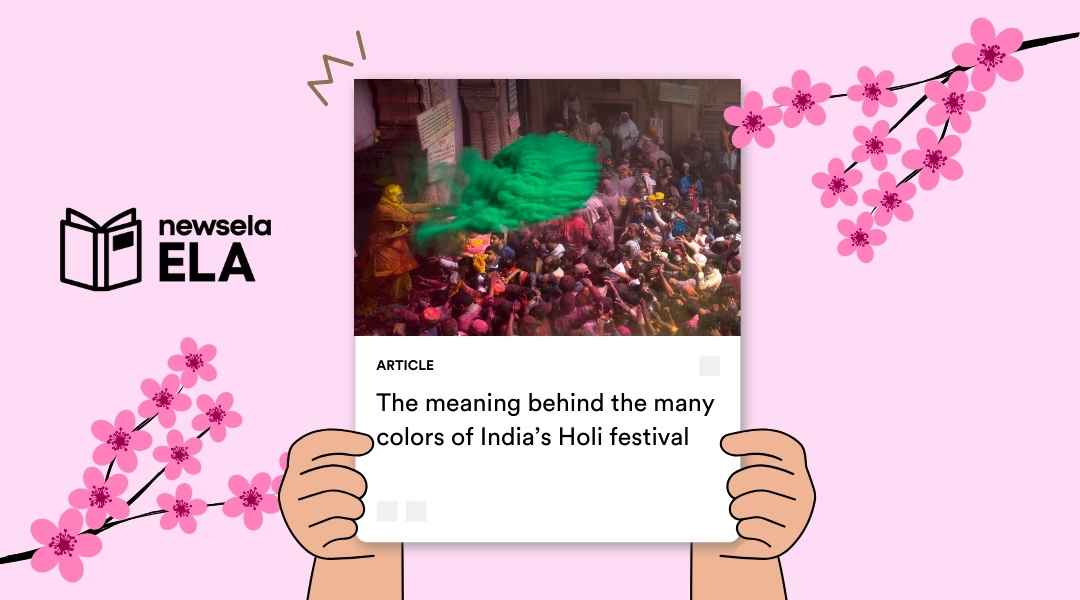 A Newsela ELA article cover titled "The meaning behind the many colors of India's Holi festival," featuring a photo of a large crowd in India throwing green and pink vibrant powder.