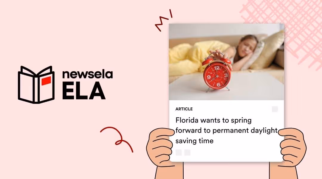 Newsela ELA article titled "Florida wants to spring forward to permanent daylight saving time" showing a child in bed reaching for a red analog alarm clock.
