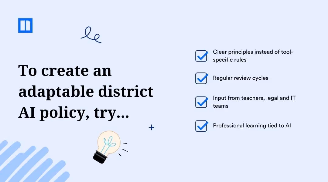 Checklist titled "To create an adaptable district AI policy, try..." featuring: clear principles instead of tool-specific rules, regular review cycles, input from teachers/legal/IT, and professional learning.