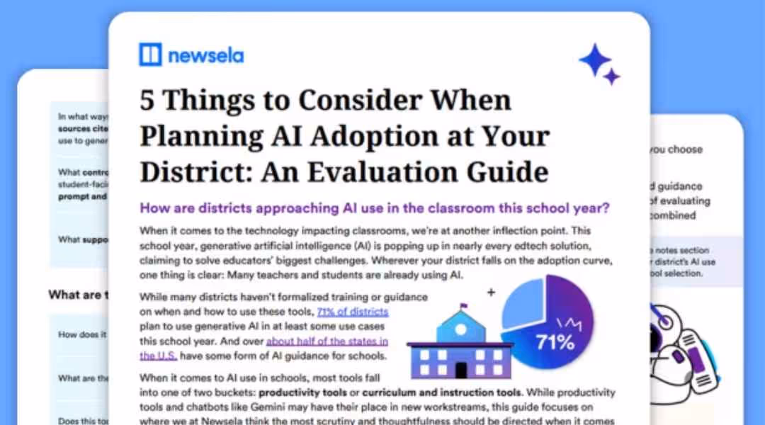 Image of a Newsela evaluation guide titled "5 Things to Consider When Planning AI Adoption at Your District," featuring a chart showing that 71% of districts plan to use generative AI.