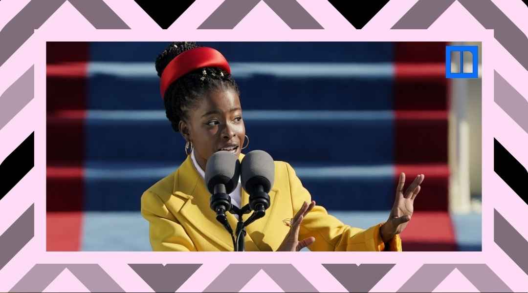 Poet Amanda Gorman speaking at a podium during the 2021 Presidential Inauguration. She is wearing a bright yellow coat and a red headband, gesturing with her hands while reciting "The Hill We Climb."