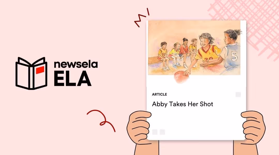 A Newsela ELA article titled "Abby Takes Her Shot" featuring a colorful illustration of young girls playing a game of basketball on an outdoor court.