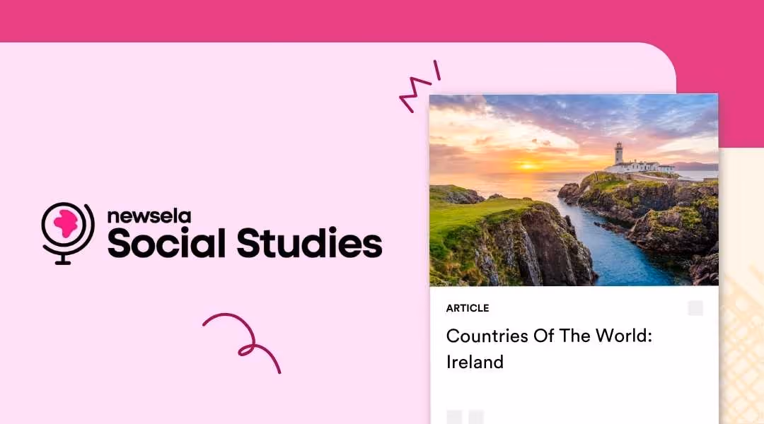 Newsela Social Studies article titled "Countries Of The World: Ireland" featuring a scenic coastal sunset over an Irish lighthouse and cliffs.