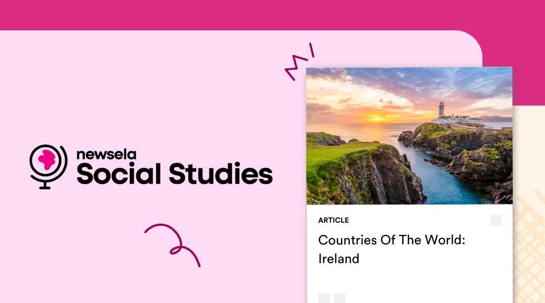 Newsela Social Studies article titled "Countries Of The World: Ireland" featuring a scenic coastal sunset over an Irish lighthouse and cliffs.