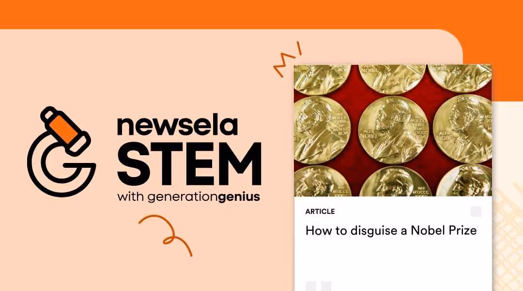 Newsela STEM article titled "How to disguise a Nobel Prize" with an image showing a close-up collection of gold Nobel Prize medals.