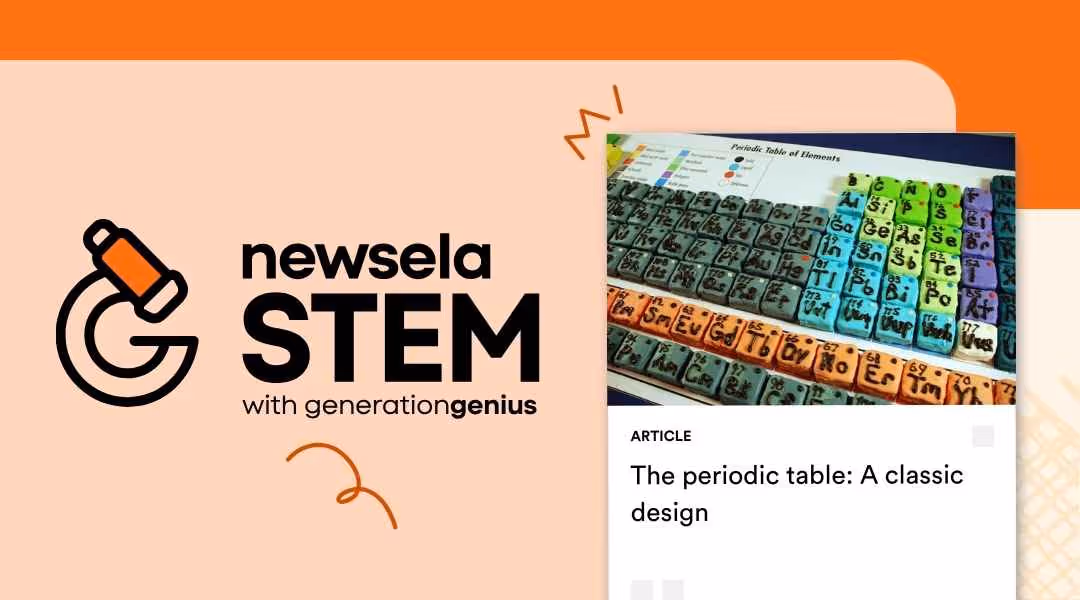 Newsela STEM article titled "The periodic table: A classic design" featuring a colorful, 3D physical model of the periodic table of elements.